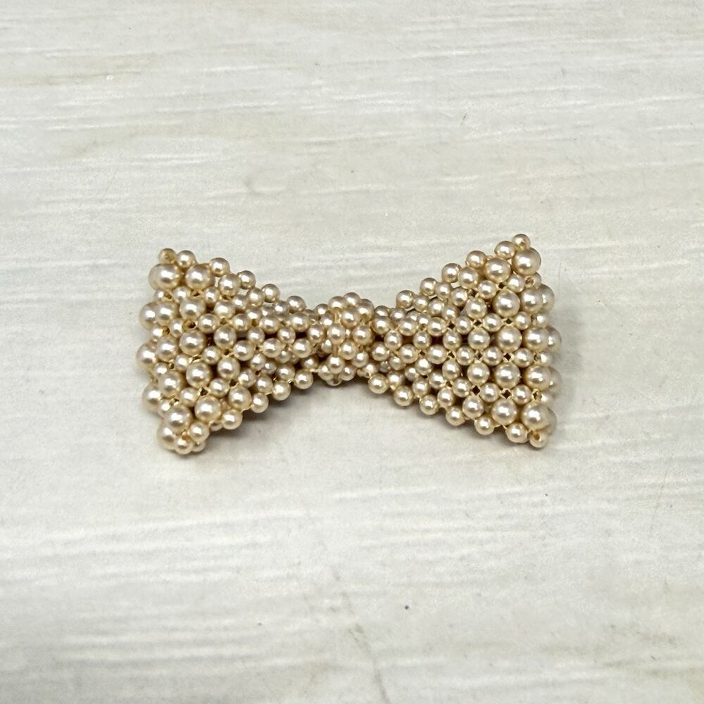 Vintage Faux Seed Pearl Bow Brooch Gold Tone Filigree C Clasp Bridal Brooch